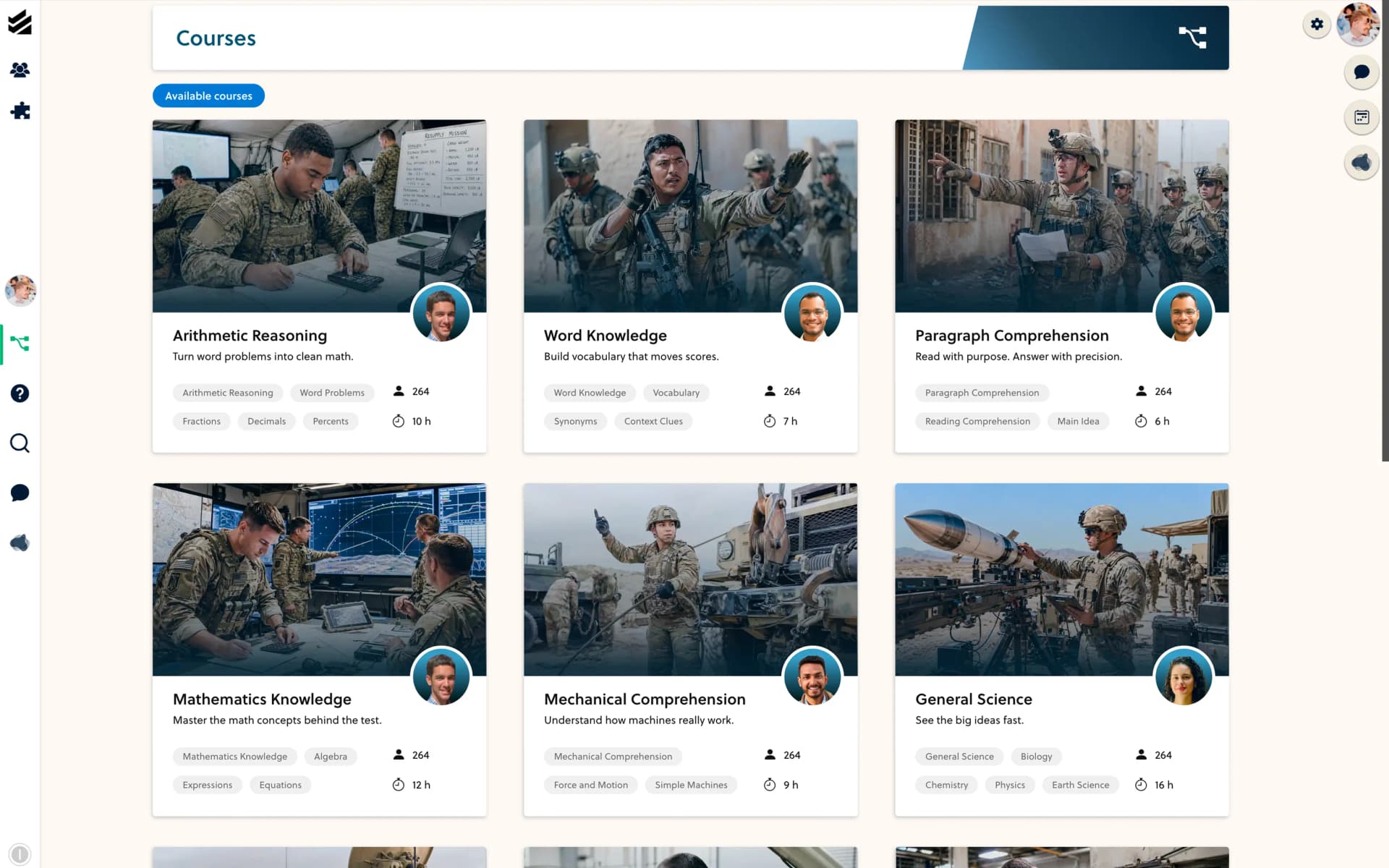 MeritMarch platform preview showing section-based ASVAB prep flows.